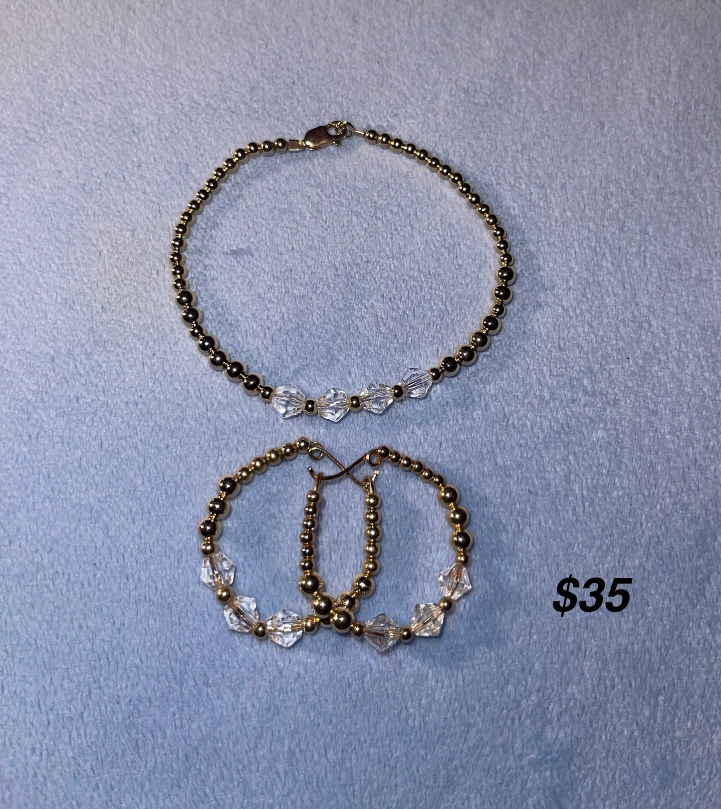 Elegant Crystal & Gold-Tone Beaded Jewelry Set | Bracelet and Hoop Earrings