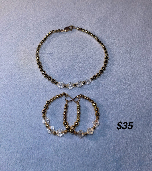 Elegant Crystal & Gold-Tone Beaded Jewelry Set | Bracelet and Hoop Earrings